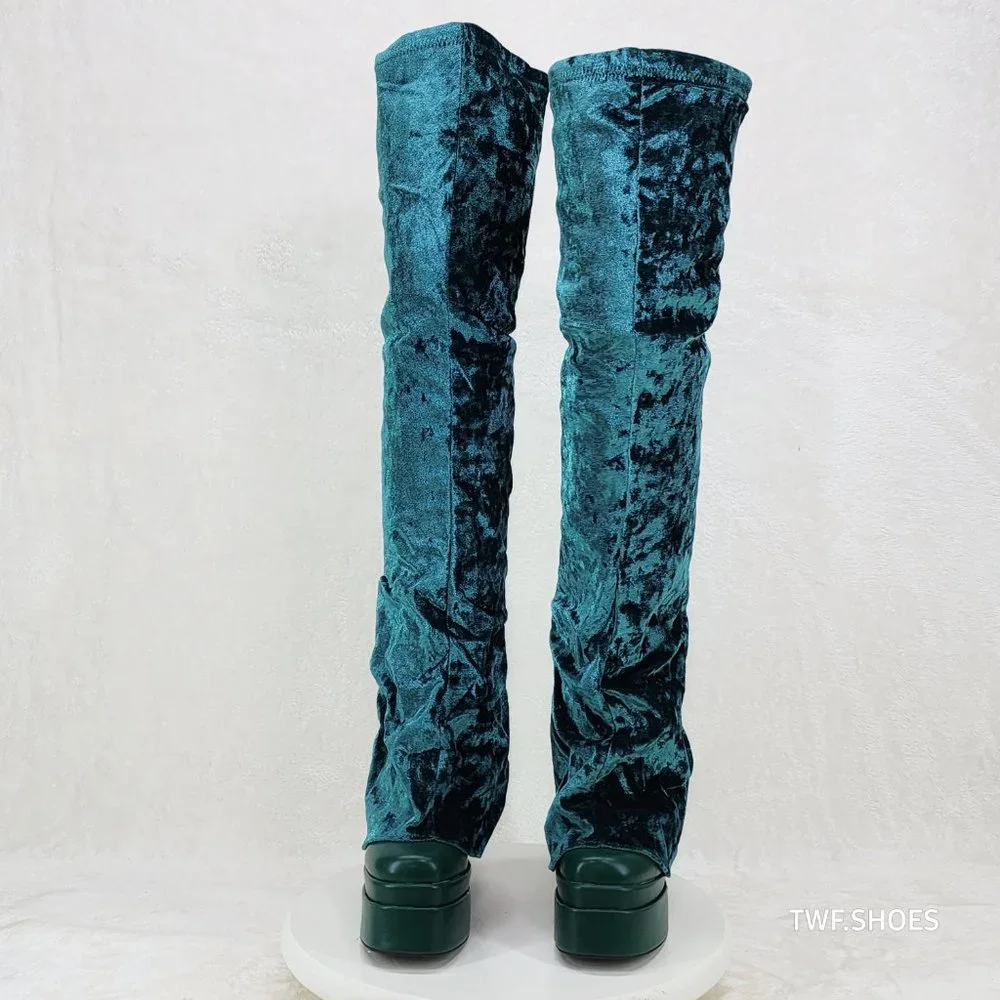 Good Will Unique Thigh High Emerald Velvet Fold over Chunky Heel Platform Boots - Picture 15 of 15
